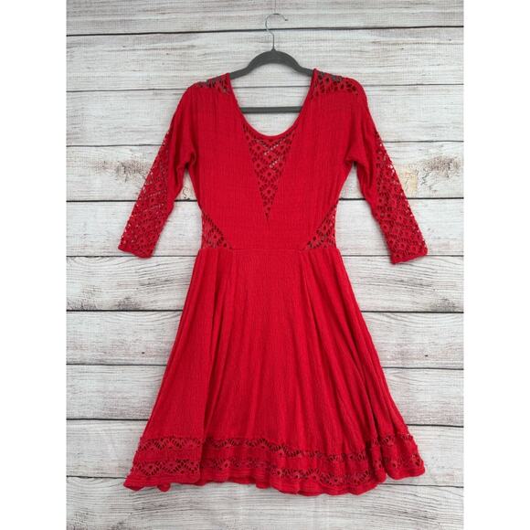 Free People 3/4 Sleeve Lace Cutout Fit & Flare Mini Dress Women's Size Small Red - Picture 2 of 12